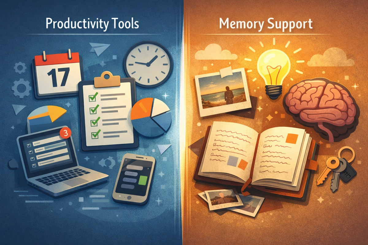 Illustration contrasting memory support tools with traditional productivity apps