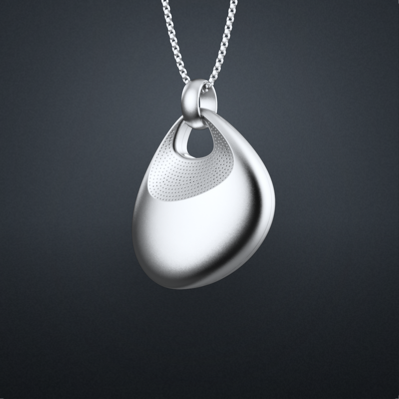 The Legend One AI memory pendant in brushed silver, worn at chest height