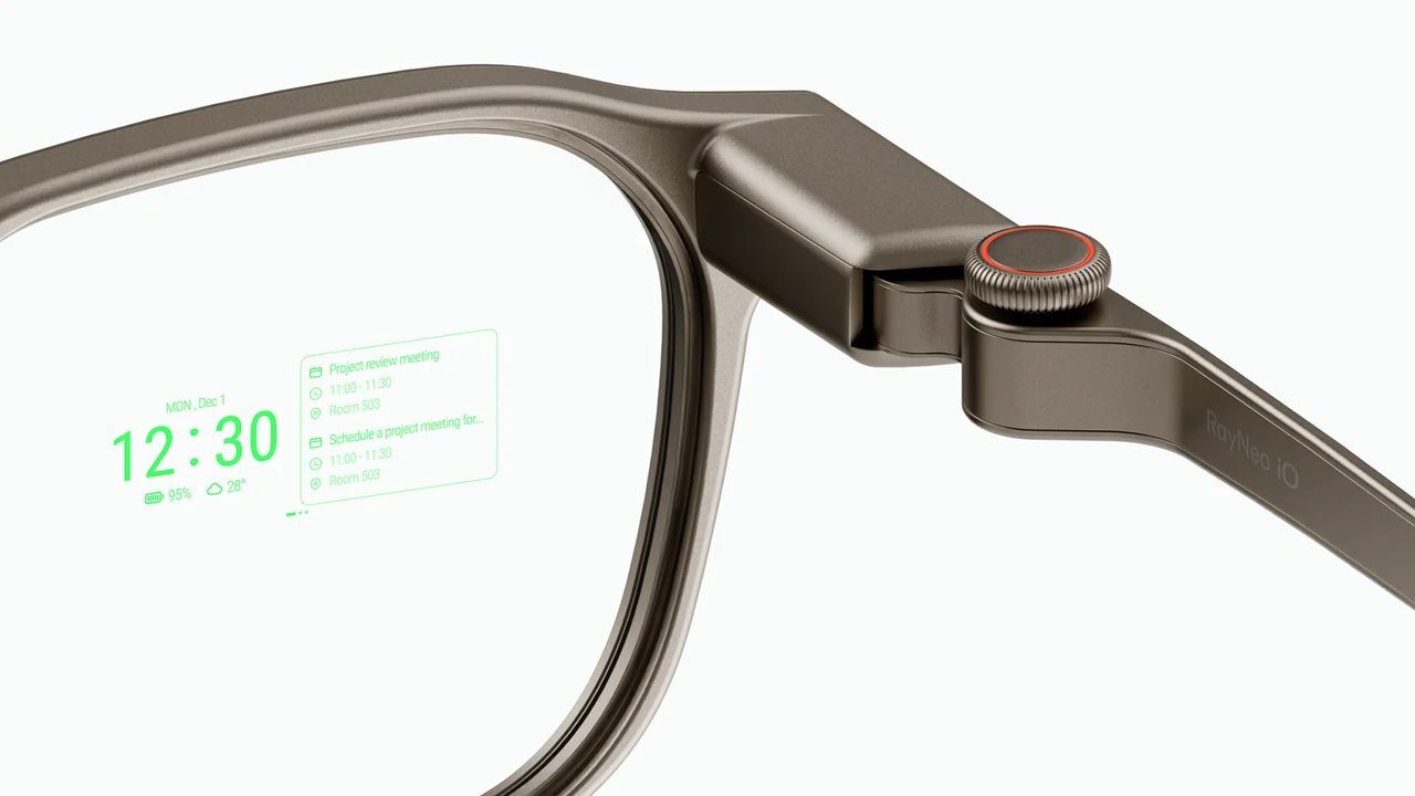 RayNeo iO smart glasses, a lightweight 33-gram pair of AI glasses with a monochrome display and no camera