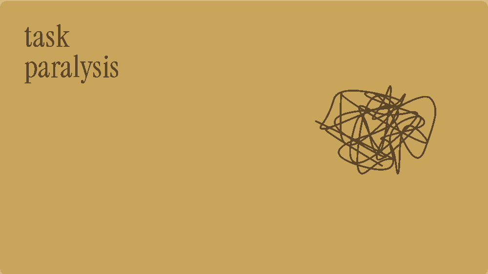 Task paralysis: a tangled black scribble on a gold ground