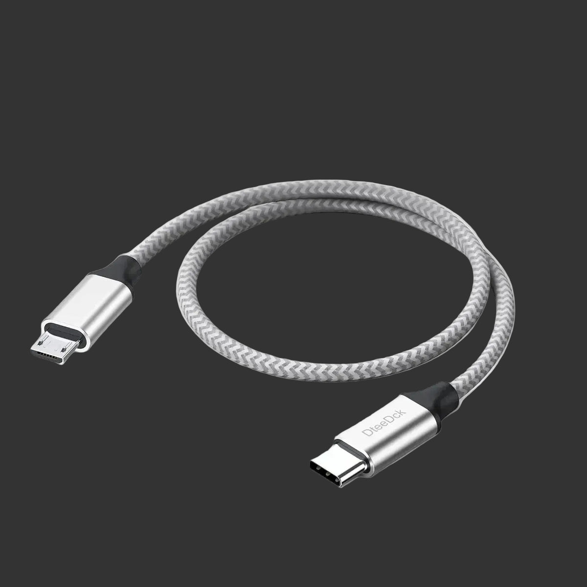 A braided light gray USB-C to Micro-USB cable with silver metal connectors and black protective sleeves, shown on a plain white background.